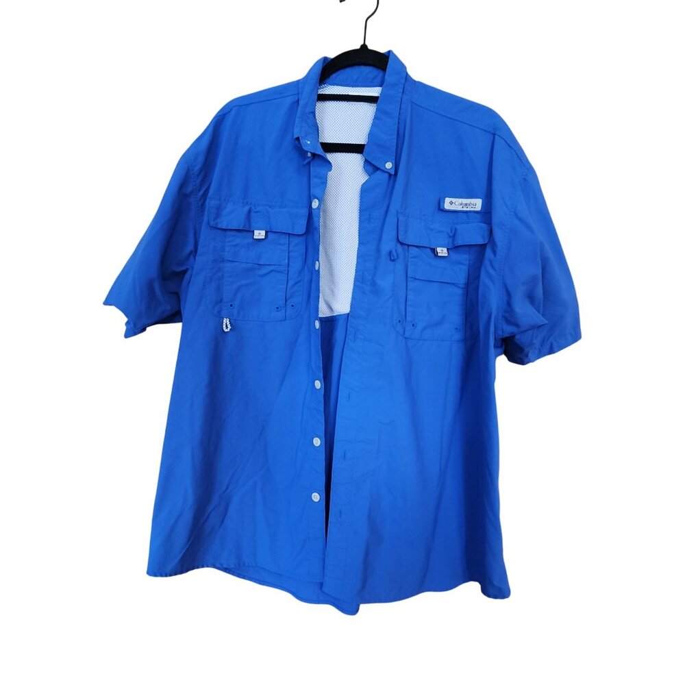 Columbia PFG Mens Blue Short Sleeve Vented Fishing Shirt Size L Nylon